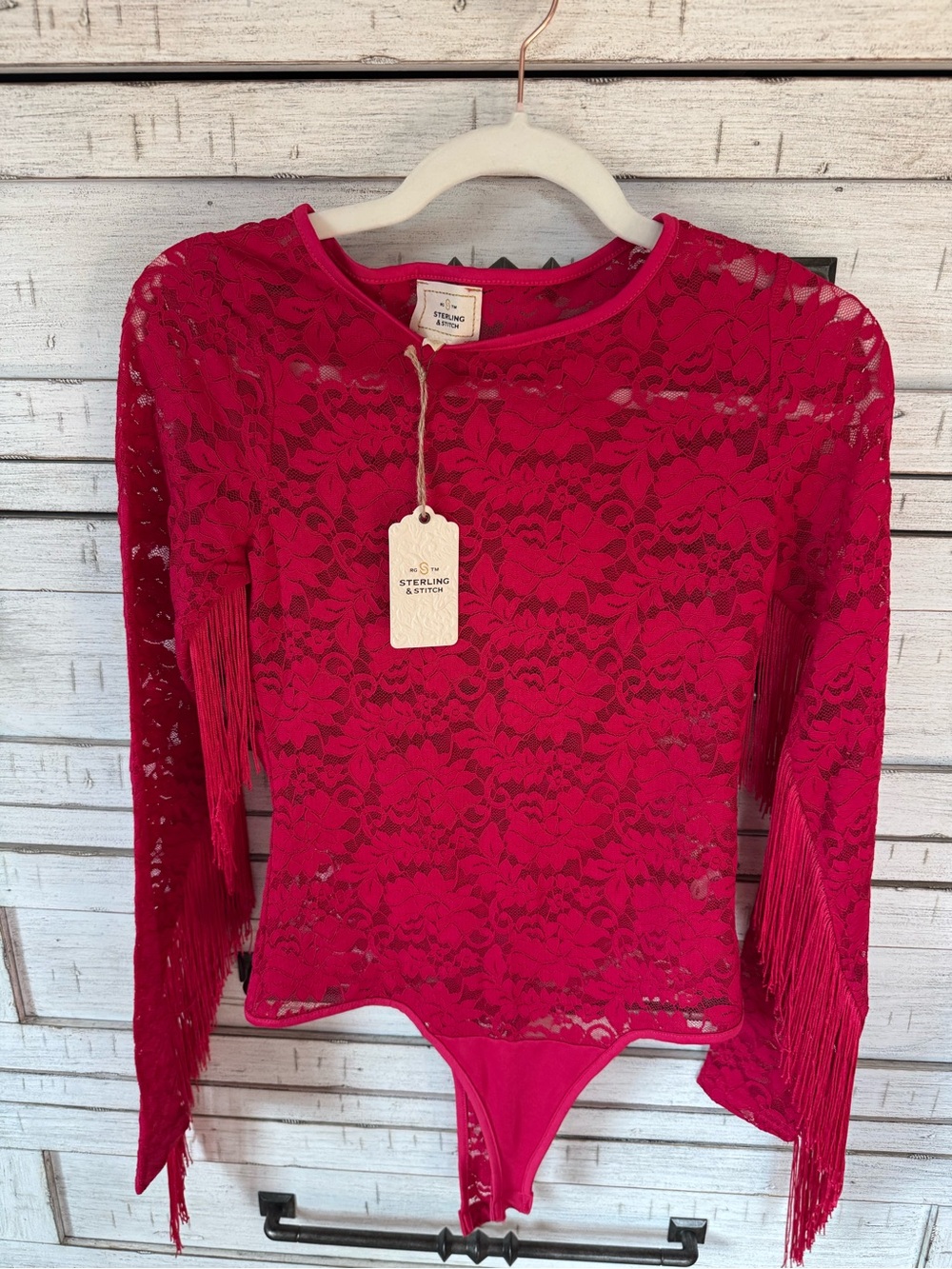 Buckle Fuchsia Lace Fringe Long-Sleeve Bodysuit